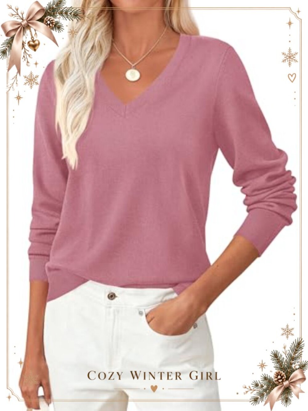 Cozy Knit Long Sleeve V Neck Pullover Sweater Ribbed Cuffs Women's Fall